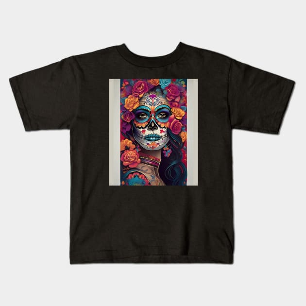 Expressive Sugar Skull Art: Woman in Festive Skull Makeup Kids T-Shirt by ImaginativeInkPOD